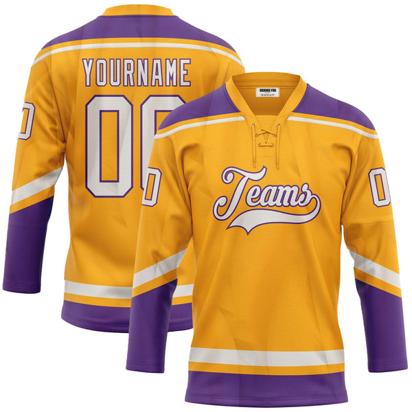 Custom Gold White-Purple Neck Hockey Jersey For Men & Women