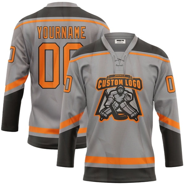 Custom Gray Bay Orange-Black Neck Hockey Jersey For Men & Women