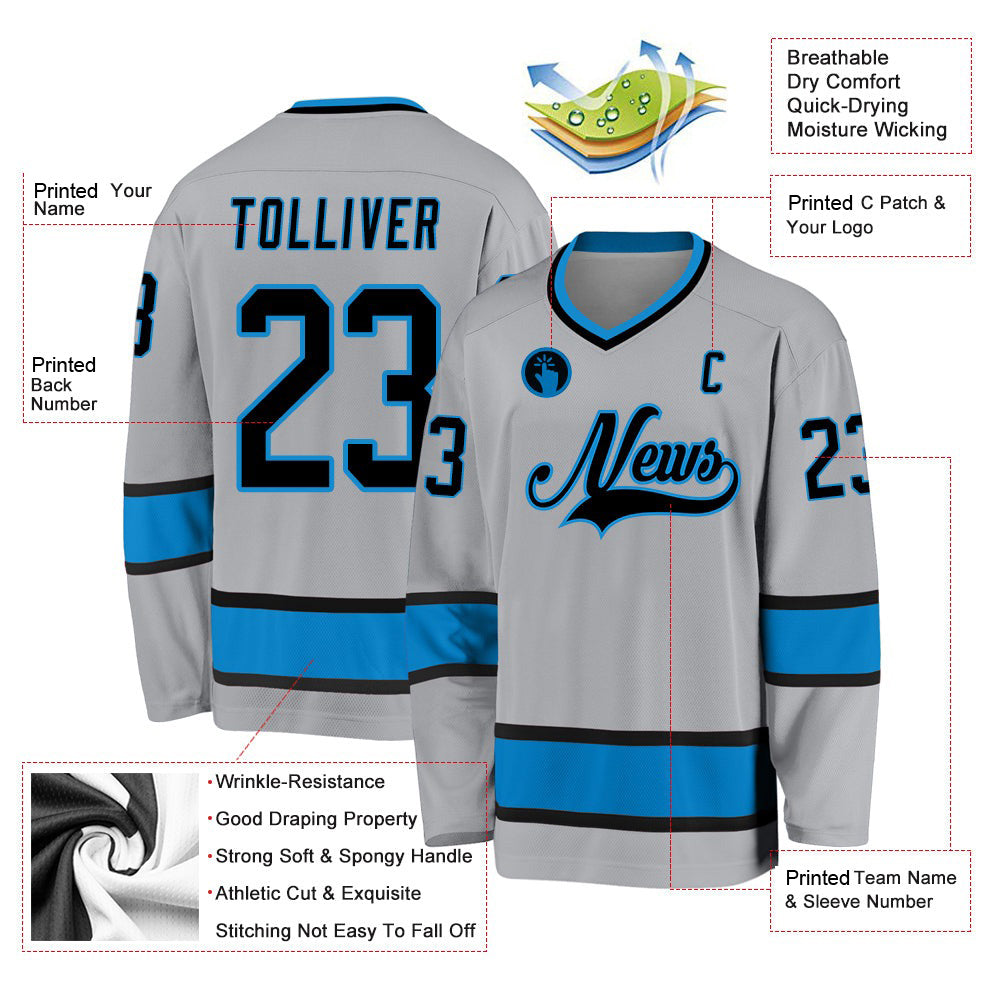 Custom Gray Black-Blue V Neck Hockey Jersey For Men & Women
