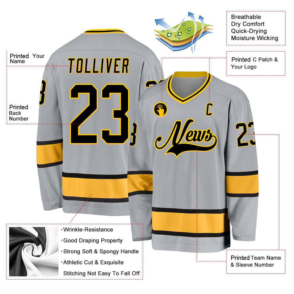 Custom Gray Black-Gold V Neck Hockey Jersey For Men & Women