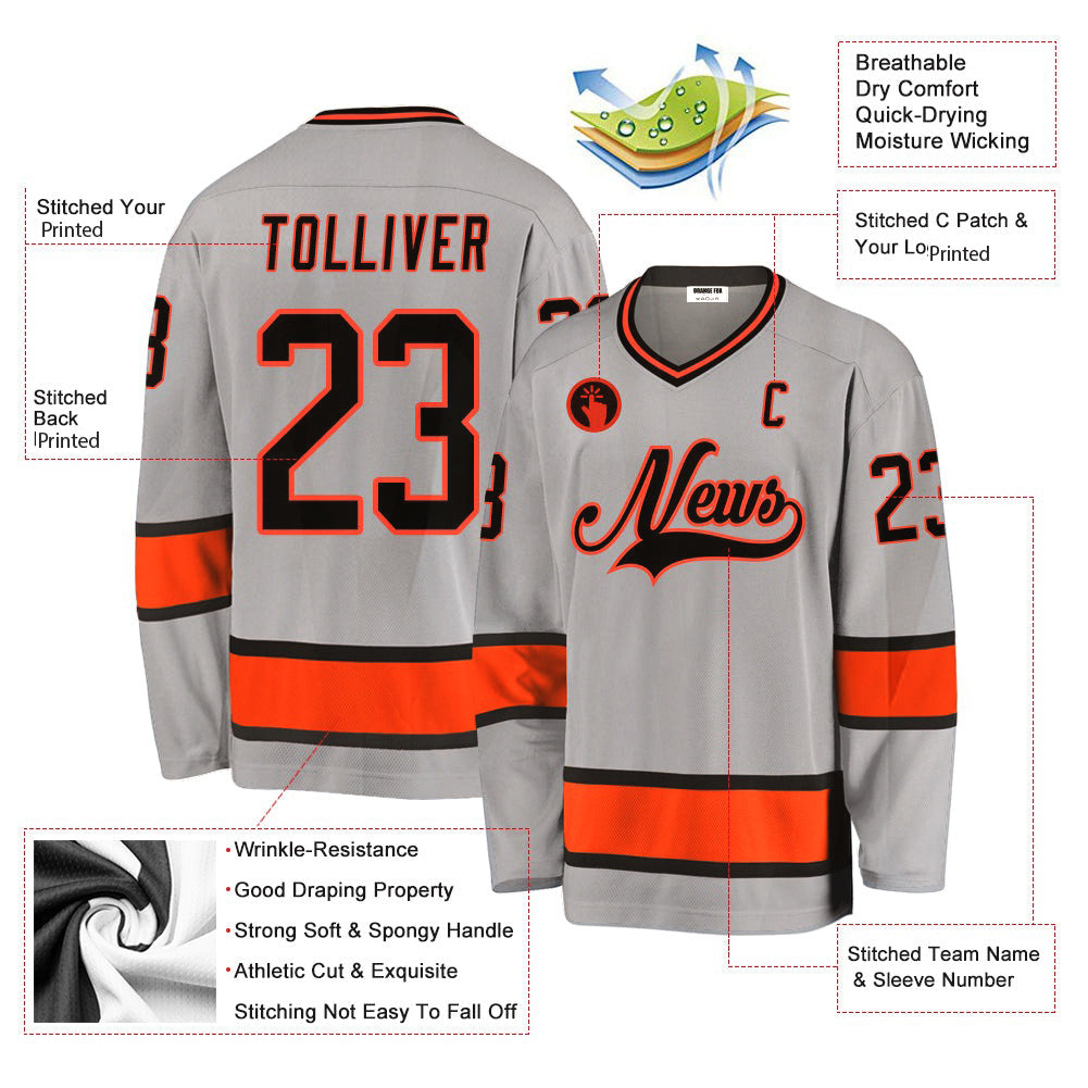 Custom Gray Black-Orange V Neck Hockey Jersey For Men & Women