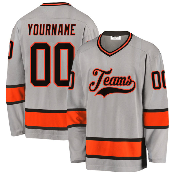 Custom Gray Black-Orange V Neck Hockey Jersey For Men & Women