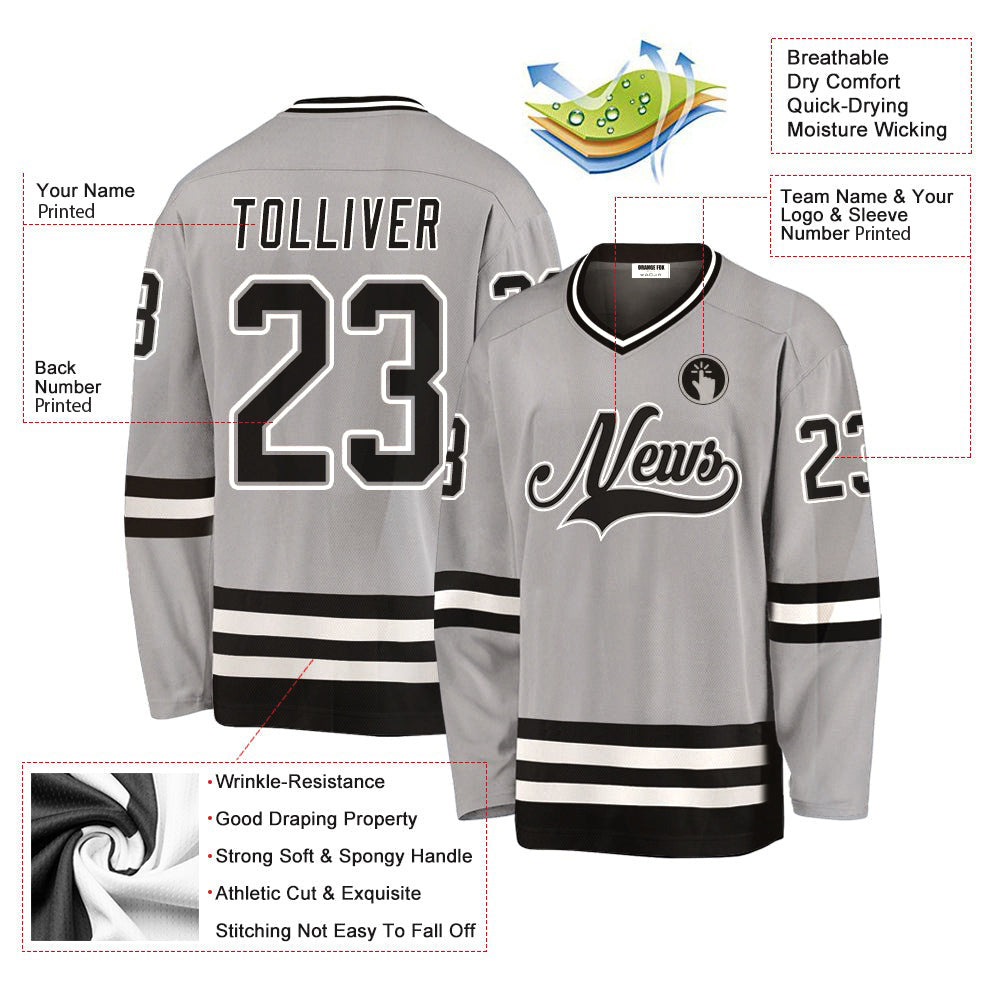 Custom Gray Black-White V Neck Hockey Jersey For Men & Women