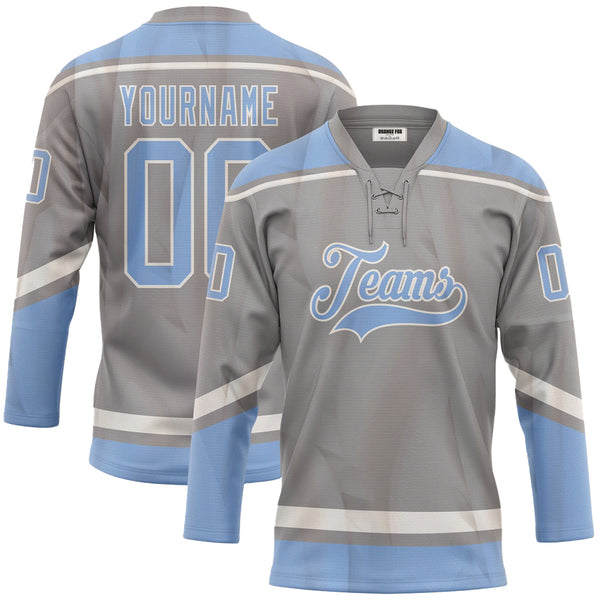 Custom Gray Light Blue-White Neck Hockey Jersey For Men & Women