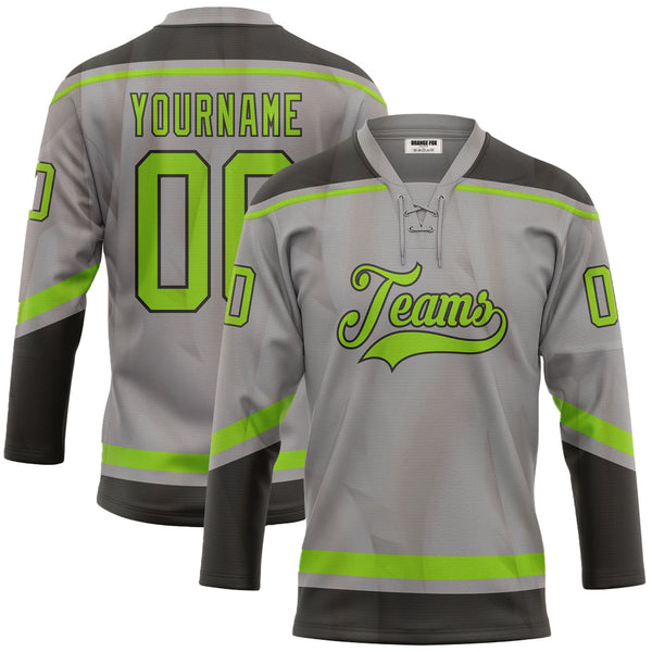 Custom Gray Neon Green-Black Neck Hockey Jersey For Men & Women