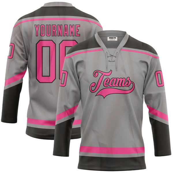 Custom Gray Pink-Black  Neck Hockey Jersey For Men & Women