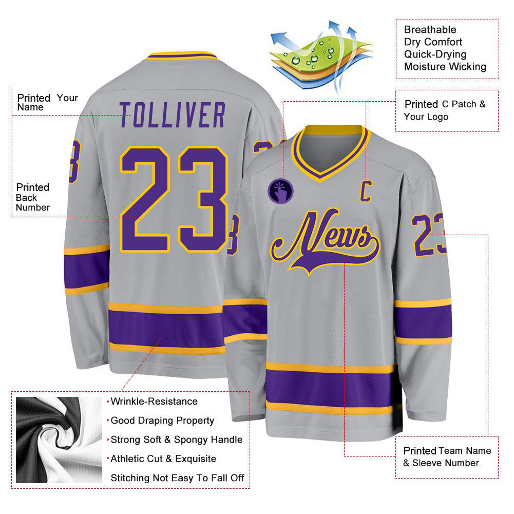 Custom Gray Purple-Gold V Neck Hockey Jersey For Men & Women