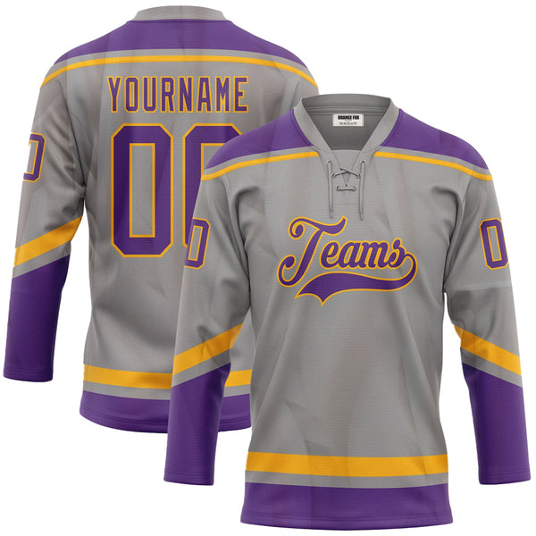 Custom Gray Purple-Gold Neck Hockey Jersey For Men & Women
