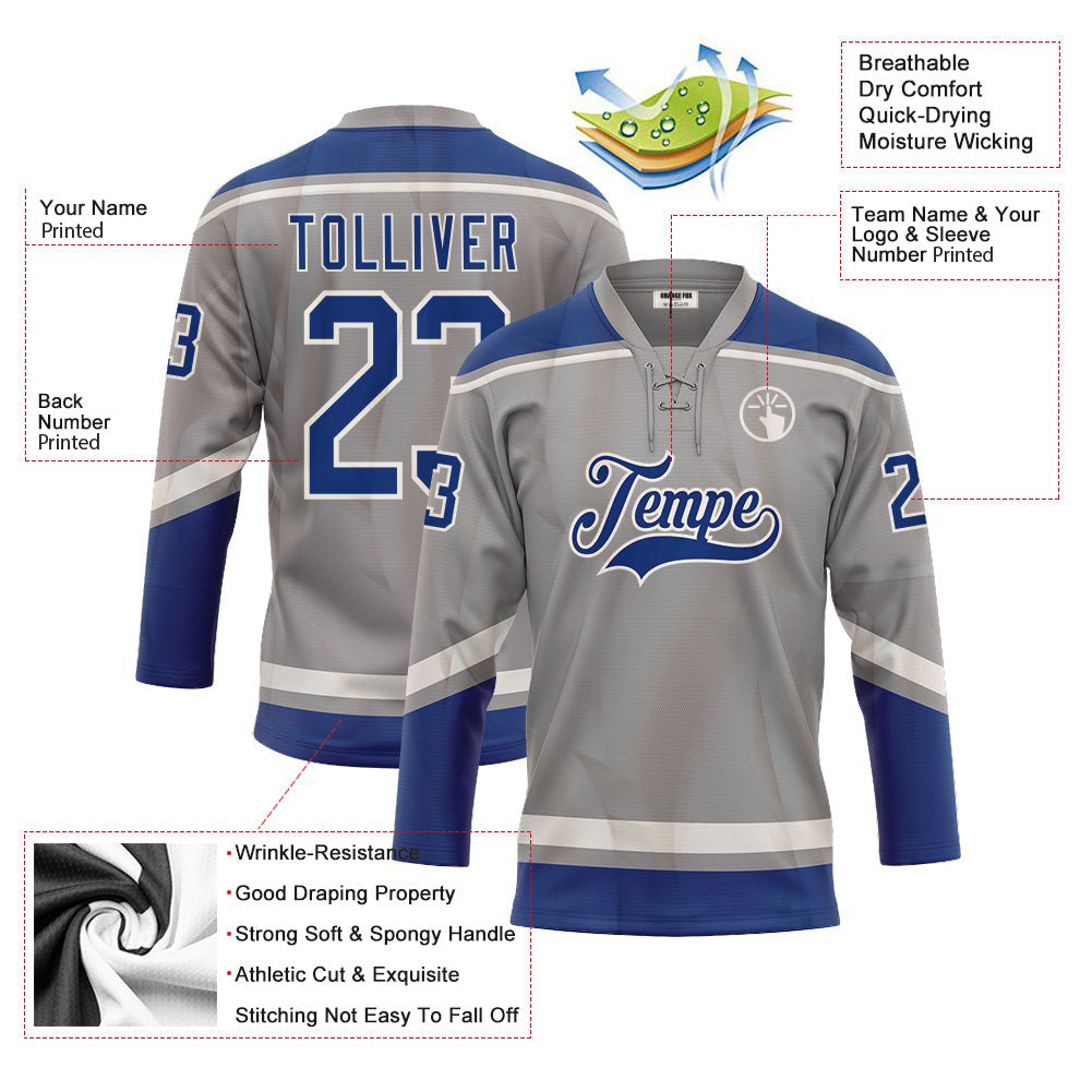 Custom Gray Royal-White Neck Hockey Jersey For Men & Women