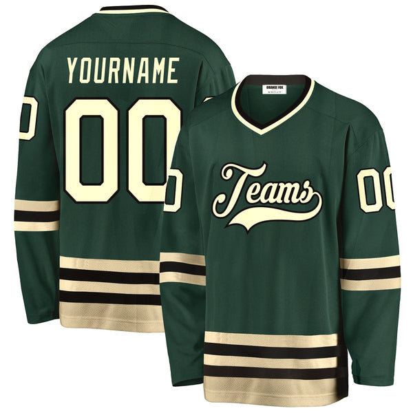 Custom Green Cream-Black V Neck Hockey Jersey