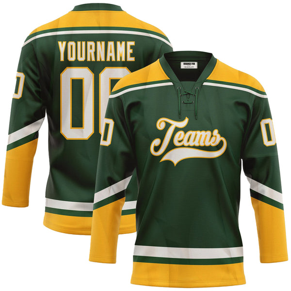Custom Green White-Gold Neck Hockey Jersey For Men & Women