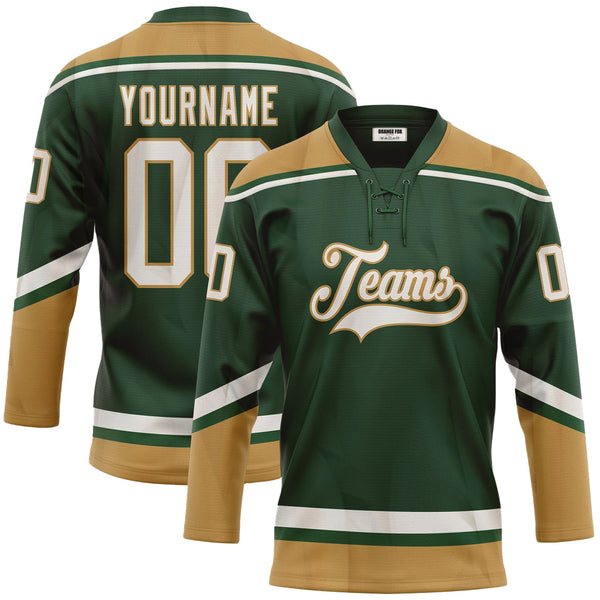 Custom Green White-Old Gold Neck Hockey Jersey For Men & Women