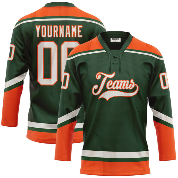 Custom Green White-Orange Neck Hockey Jersey For Men & Women