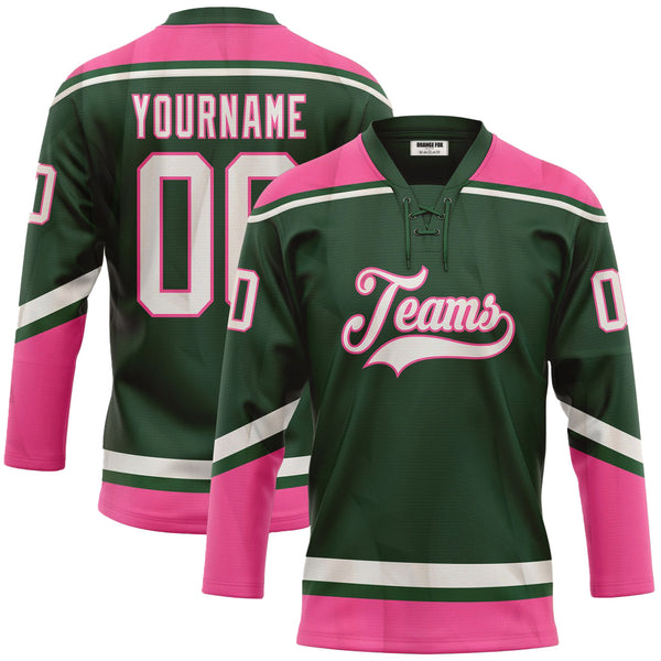 Custom Green White-Pink Neck Hockey Jersey For Men & Women