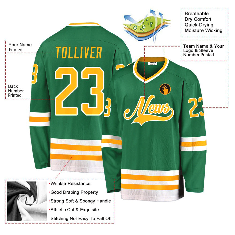 Custom Kelly Green Gold-White V Neck Hockey Jersey For Men & Women