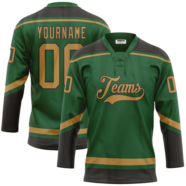 Custom Kelly Green Old Gold-Black Neck Hockey Jersey For Men & Women