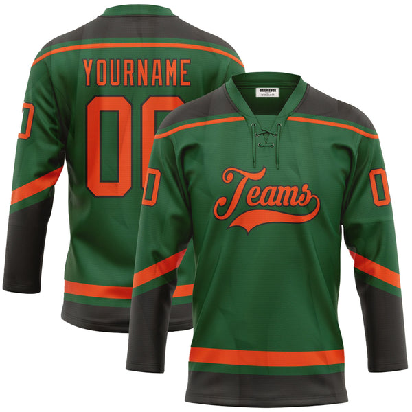 Custom Kelly Green Orange-Black Neck Hockey Jersey For Men & Women