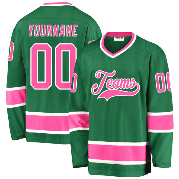 Custom Kelly Green Pink-White V Neck Hockey Jersey For Men & Women