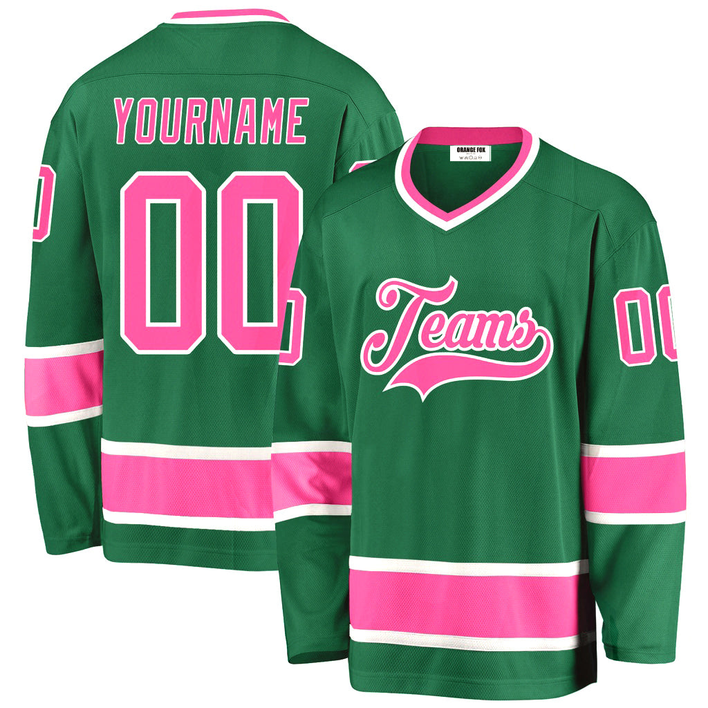 Custom Kelly Green Pink-White V Neck Hockey Jersey For Men & Women