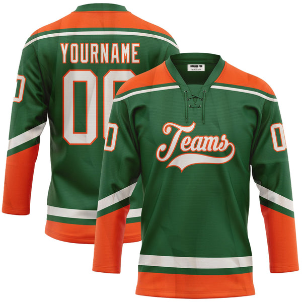 Custom Kelly Green White-Orange Neck Hockey Jersey For Men & Women