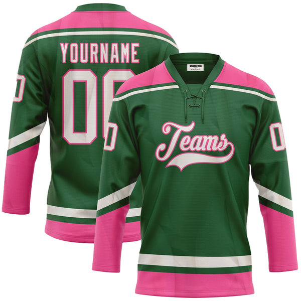 Custom Kelly Green White-Pink Neck Hockey Jersey For Men & Women
