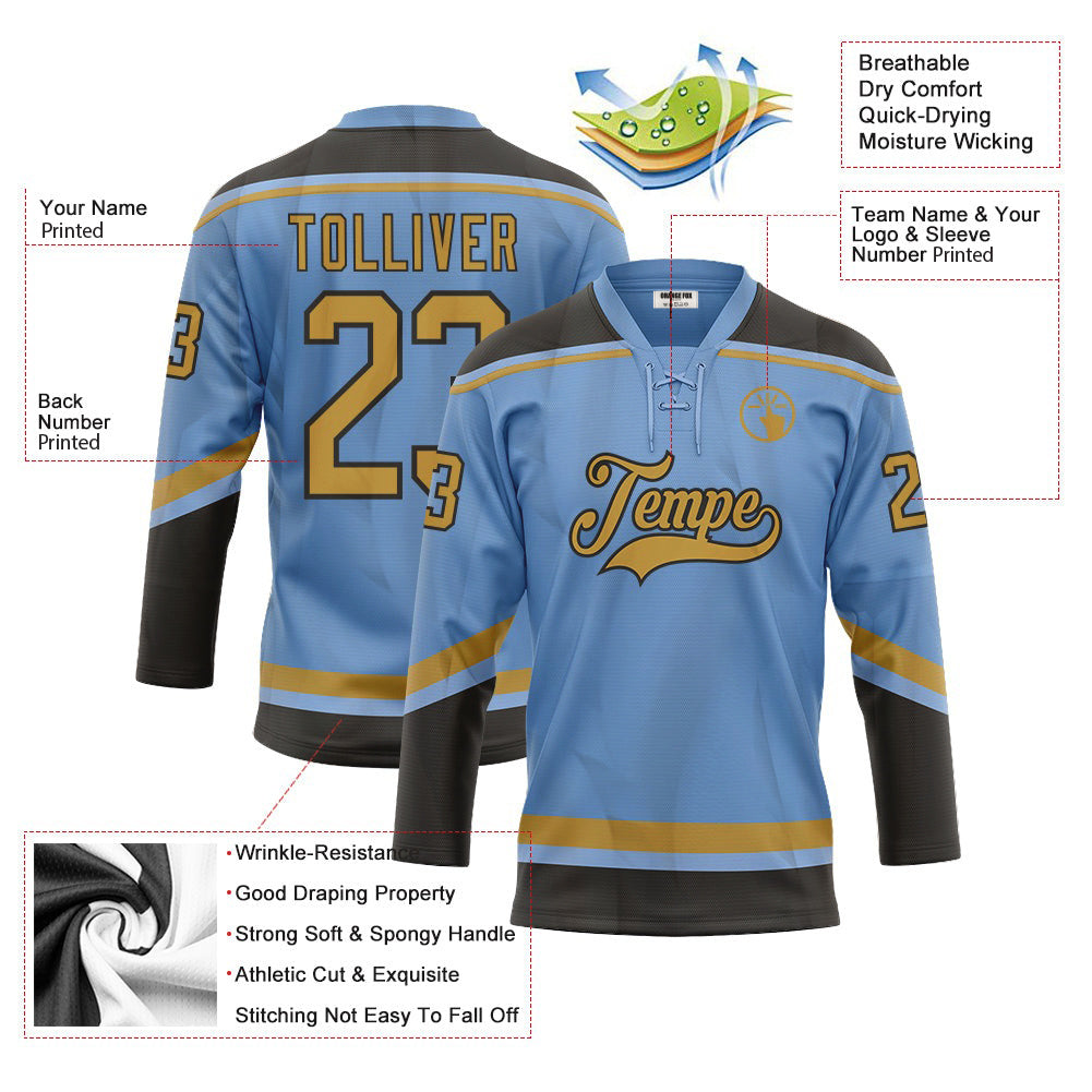 Custom Light Blue Old Gold-Black Neck Hockey Jersey For Men & Women