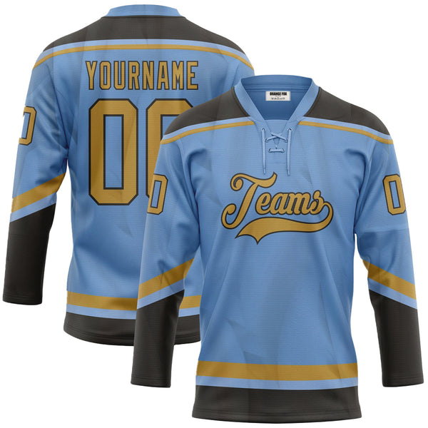 Custom Light Blue Old Gold-Black Neck Hockey Jersey For Men & Women