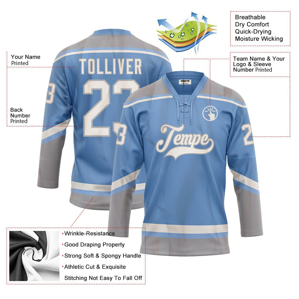 Custom Light Blue White-Gray Neck Hockey Jersey For Men & Women