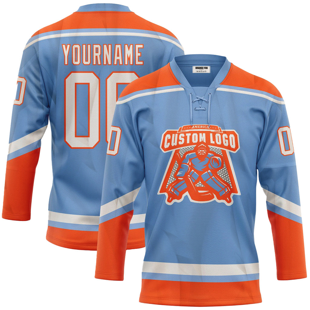 Custom Light Blue White-Orange Neck Hockey Jersey For Men & Women
