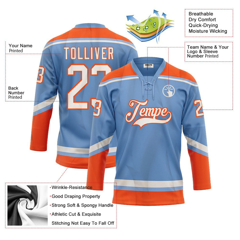 Custom Light Blue White-Orange Neck Hockey Jersey For Men & Women