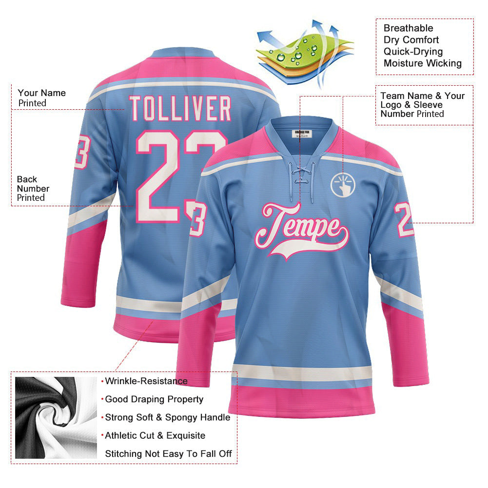 Custom Light Blue White-Pink Neck Hockey Jersey For Men & Women