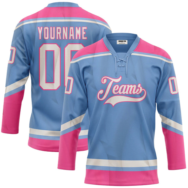 Custom Light Blue White-Pink Neck Hockey Jersey For Men & Women