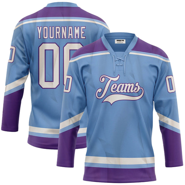 Custom Light Blue White-Purple Neck Hockey Jersey For Men & Women