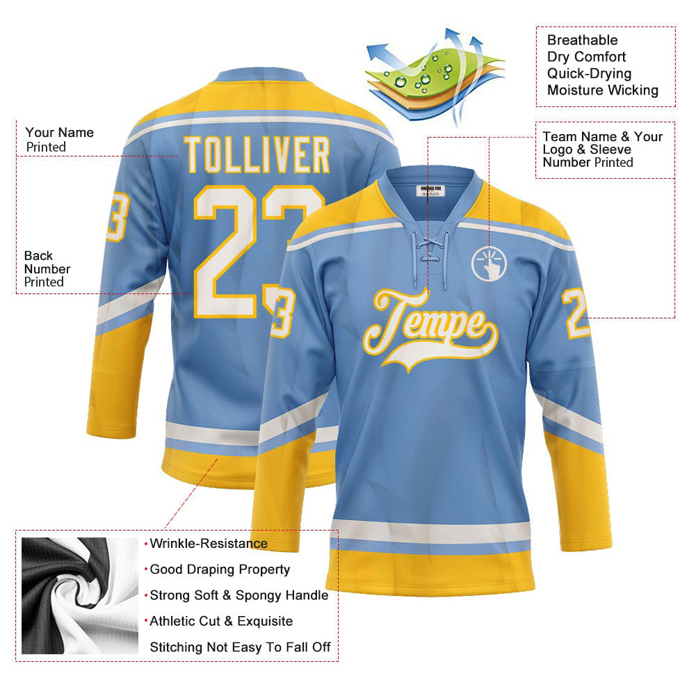 Custom Light Blue White-Yellow Neck Hockey Jersey For Men & Women