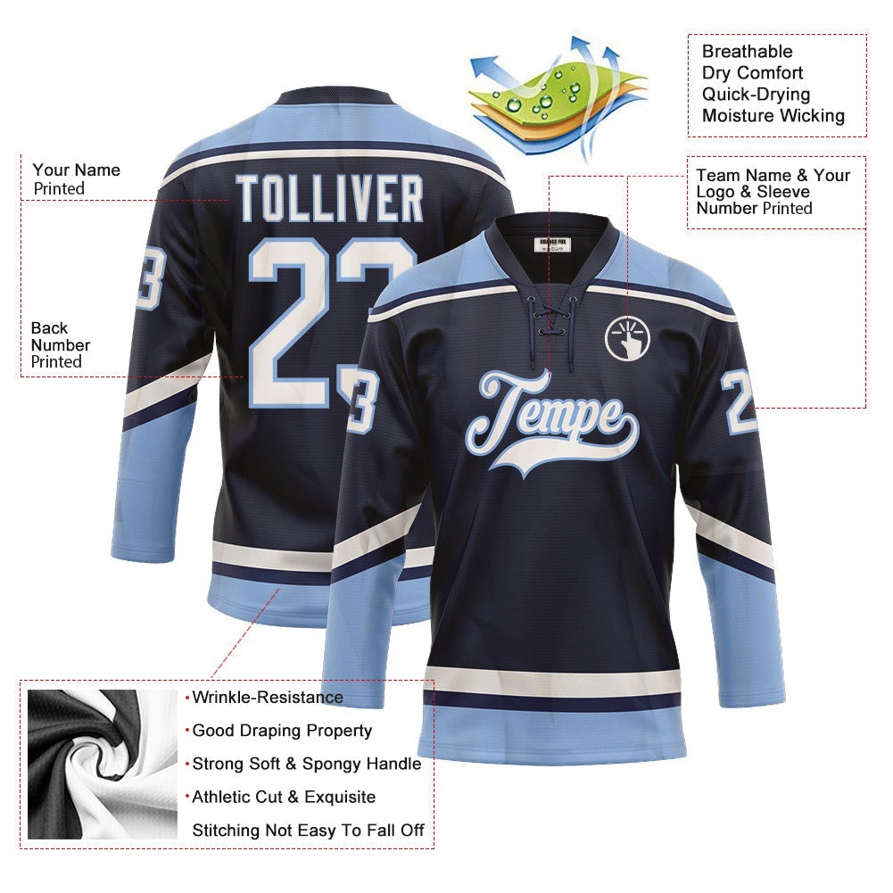 Custom Navy White-Light Blue Neck Hockey Jersey For Men & Women