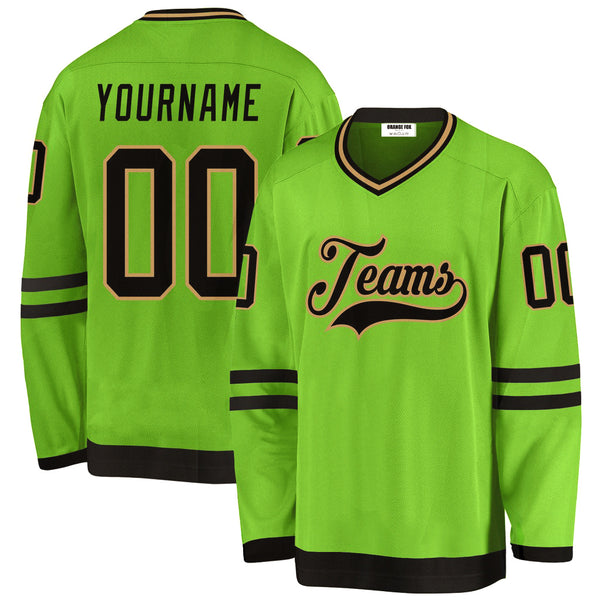 Custom Neon Green Black-Old Gold V Neck Hockey Jersey For Men & Women
