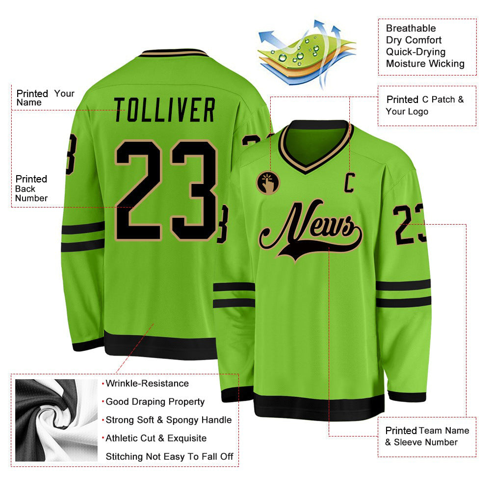 Custom Neon Green Black-Old Gold V Neck Hockey Jersey For Men & Women