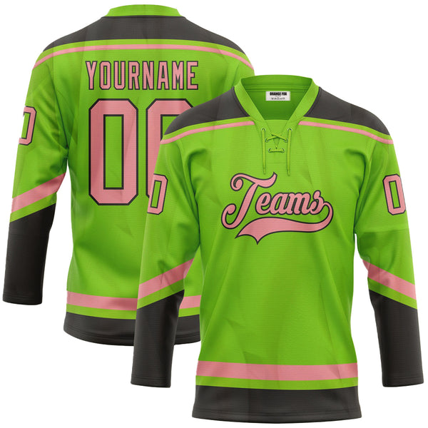 Custom Neon Green Medium Pink-Black Neck Hockey Jersey For Men & Women