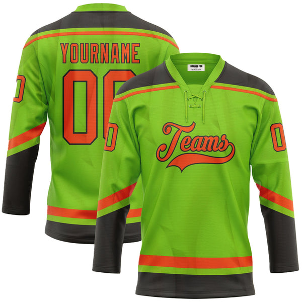 Custom Neon Green Orange-Black Neck Hockey Jersey For Men & Women