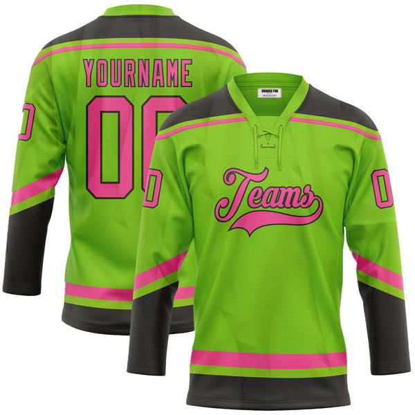 Custom Neon Green Pink-Black Neck Hockey Jersey For Men & Women