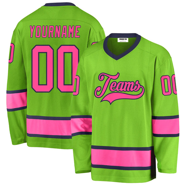 Custom Neon Green Pink-Navy V Neck Hockey Jersey For Men & Women