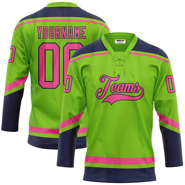 Custom Neon Green Pink-Navy Neck Hockey Jersey For Men & Women