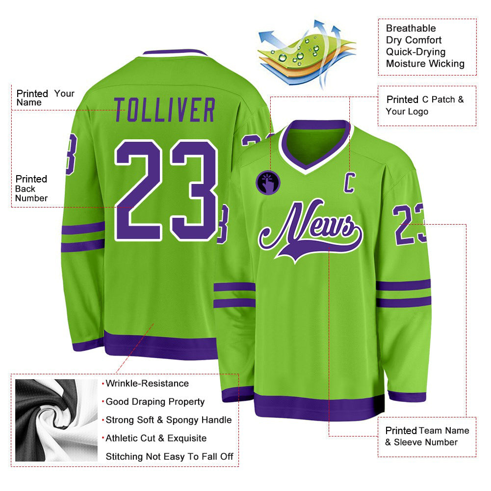Custom Neon Green Purple-White V Neck Hockey Jersey For Men & Women