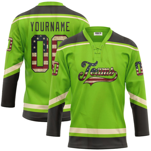 Custom Neon Green Vintage USA Flag Black-Cream Neck Hockey Jersey For Men & Women