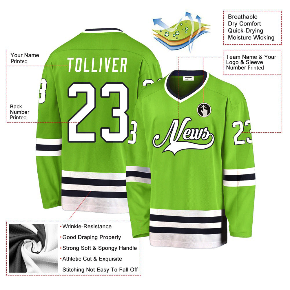 Custom Neon Green White-Navy V Neck Hockey Jersey For Men & Women