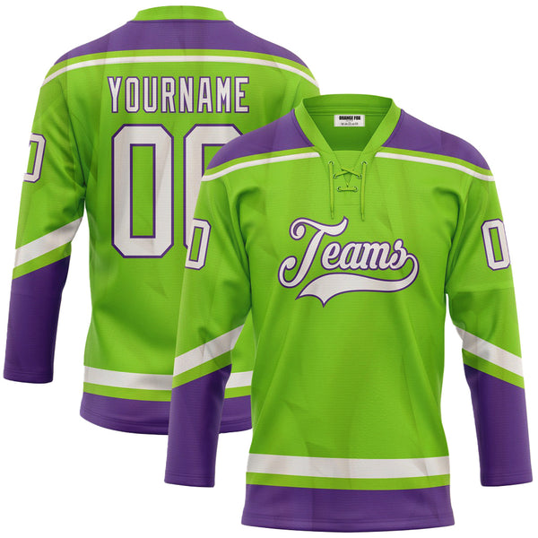 Custom Neon Green White-Purple Neck Hockey Jersey For Men & Women