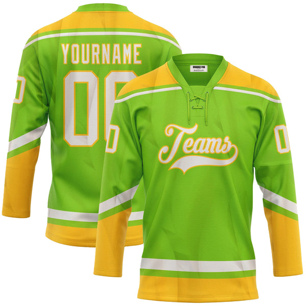Custom Neon Green White-Yellow Neck Hockey Jersey For Men & Women