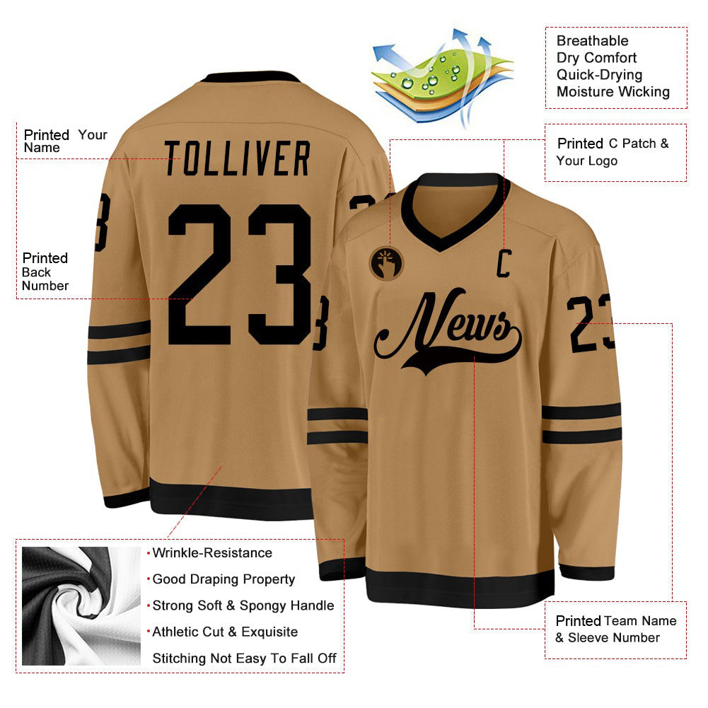 Custom Old Gold Black V Neck Hockey Jersey For Men & Women
