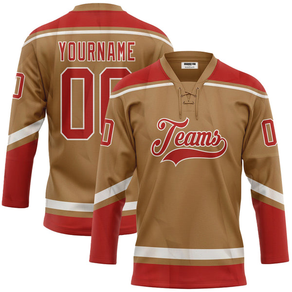 Custom Old Gold Red-White Neck Hockey Jersey For Men & Women