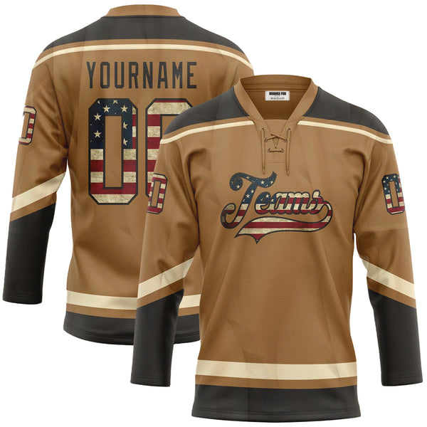 Custom Old Gold Vintage USA Flag Black-Cream Neck Hockey Jersey For Men & Women